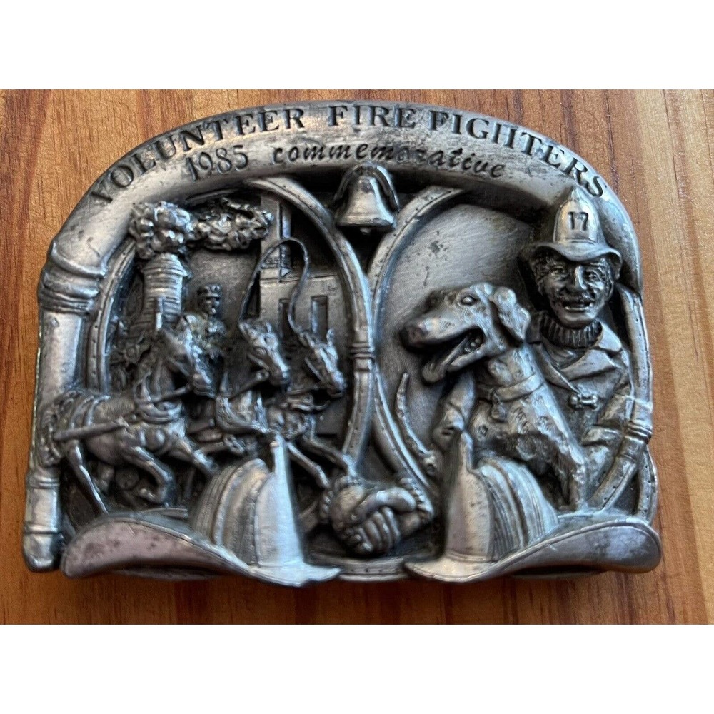 1985 First in Series Volunteer Fireman Belt Buckle Bergamot Brass Works Pewter